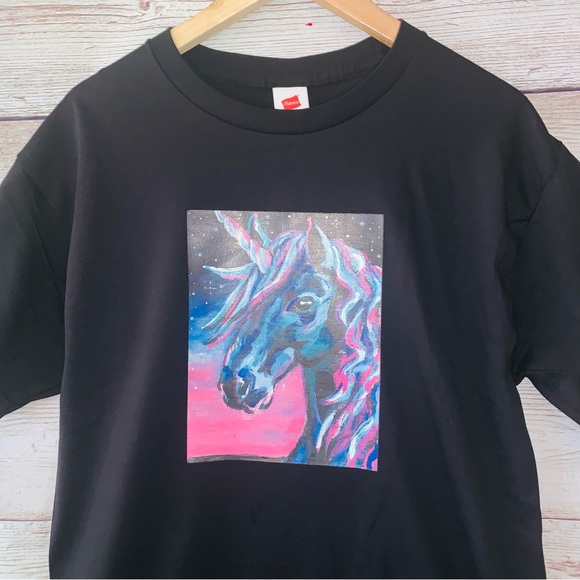 New Pastel Fantasy Unicorn Black Short Sleeves Tee Unisex Shirt Size Medium - Picture 2 of 5